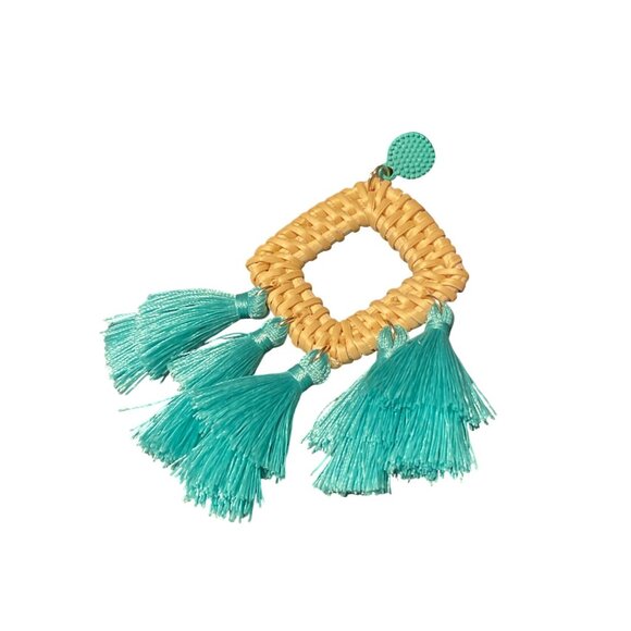 Handwoven Rattan & Teal Tassel Statement Earrings - Picture 4 of 4